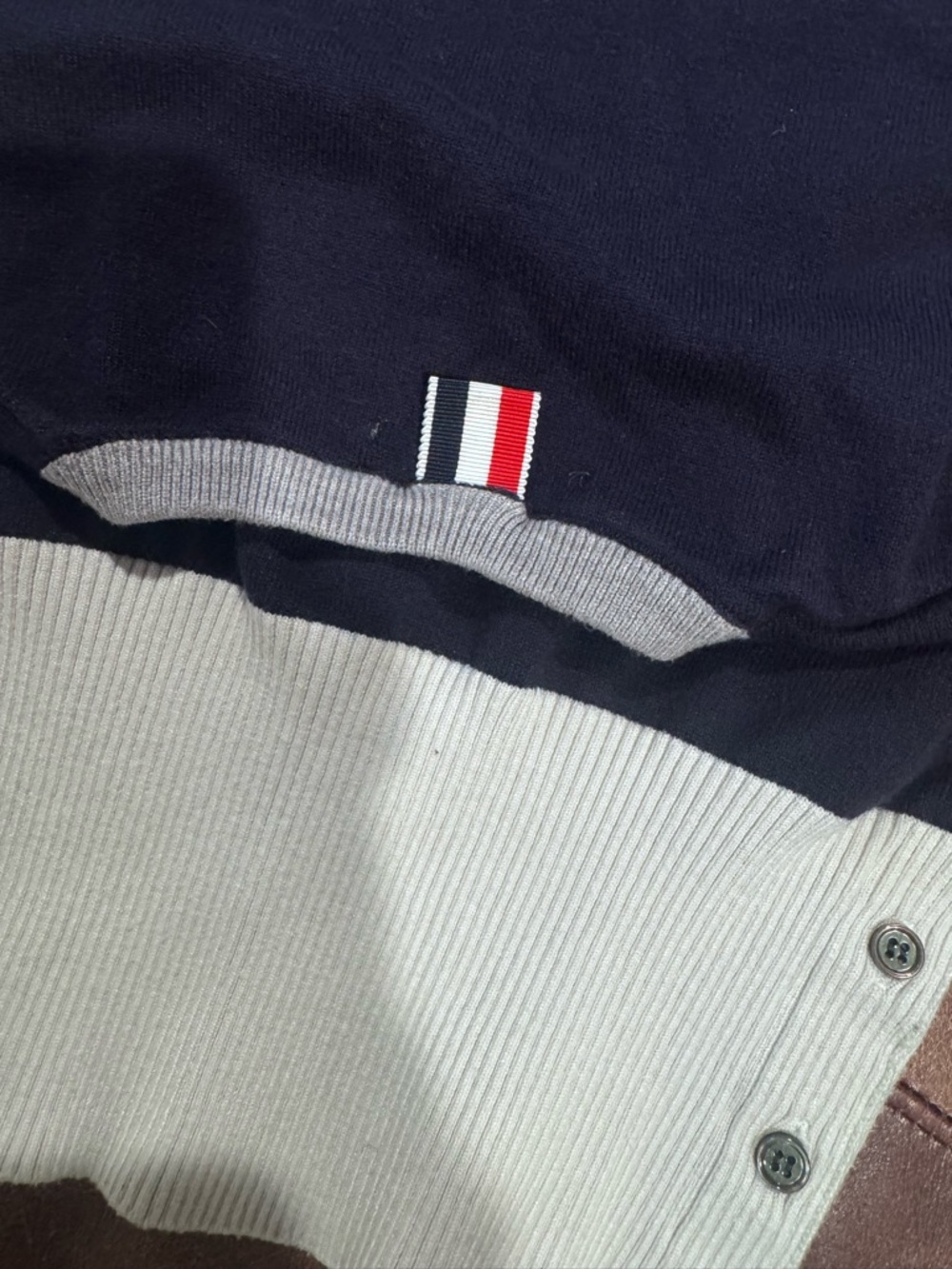 Thom Browne Milano Colorblock Crewneck Sweater - Navy, Gray & Cream - Picture 3 of 11